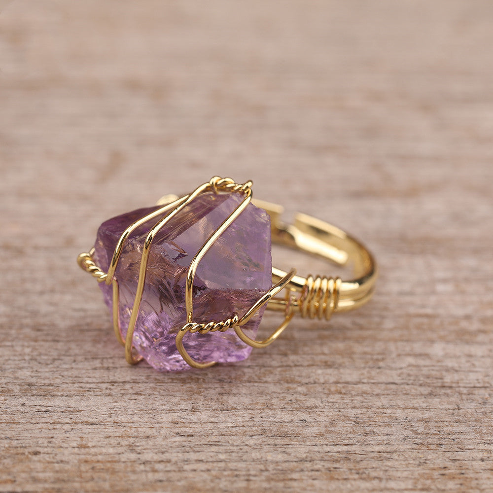 Natural Gemstone Gold Ring with raw purple amethyst stone wire-wrapped in gold
