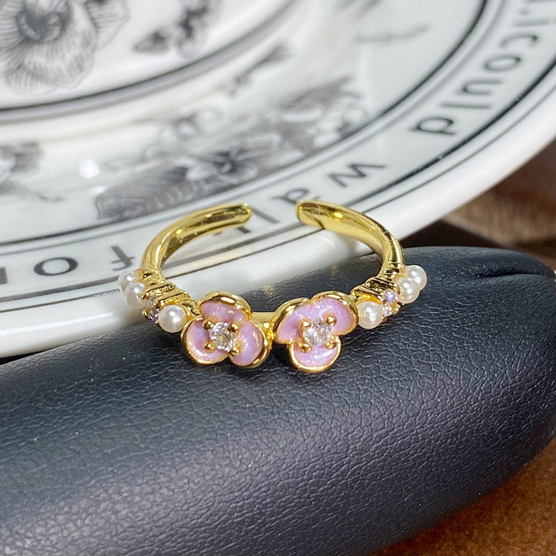 Retro Enamel Zircon Open Ring with lavender enamel flowers, pearl and zircon accents