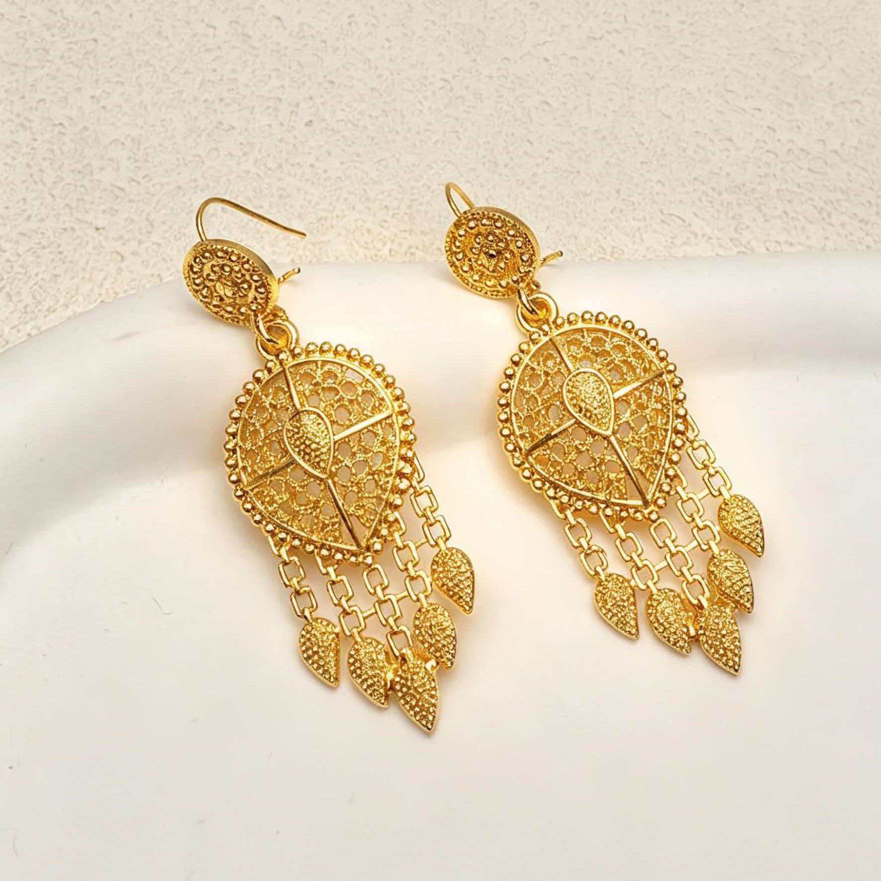 Pair of 24K gold chandelier drop earrings with filigree teardrop pendants, close view