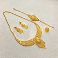 24K Gold Bridal Jewelry Set flat lay showing necklace, headpiece chain, earrings, and ring