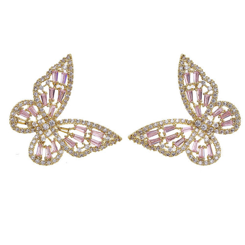 Butterfly Dangle Earrings on white background, gold butterfly wings with pink baguette crystals and pave outline