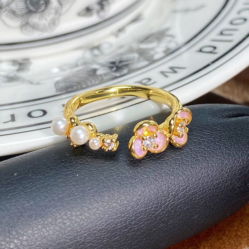 Retro Enamel Zircon Open Ring with pink enamel flowers, pearl and zircon accents