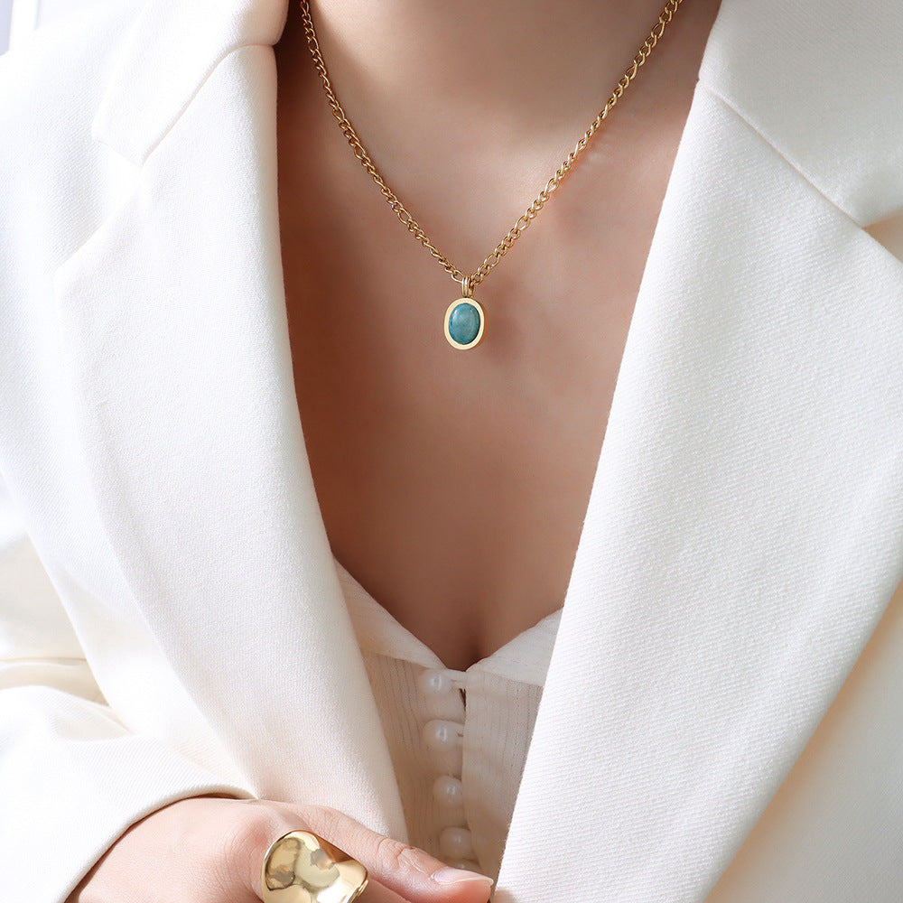 Amazonite Pendant Necklace worn, gold chain with oval amazonite stone pendant
