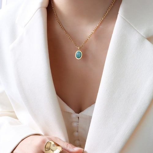 Amazonite Pendant Necklace worn, gold chain with oval amazonite stone pendant
