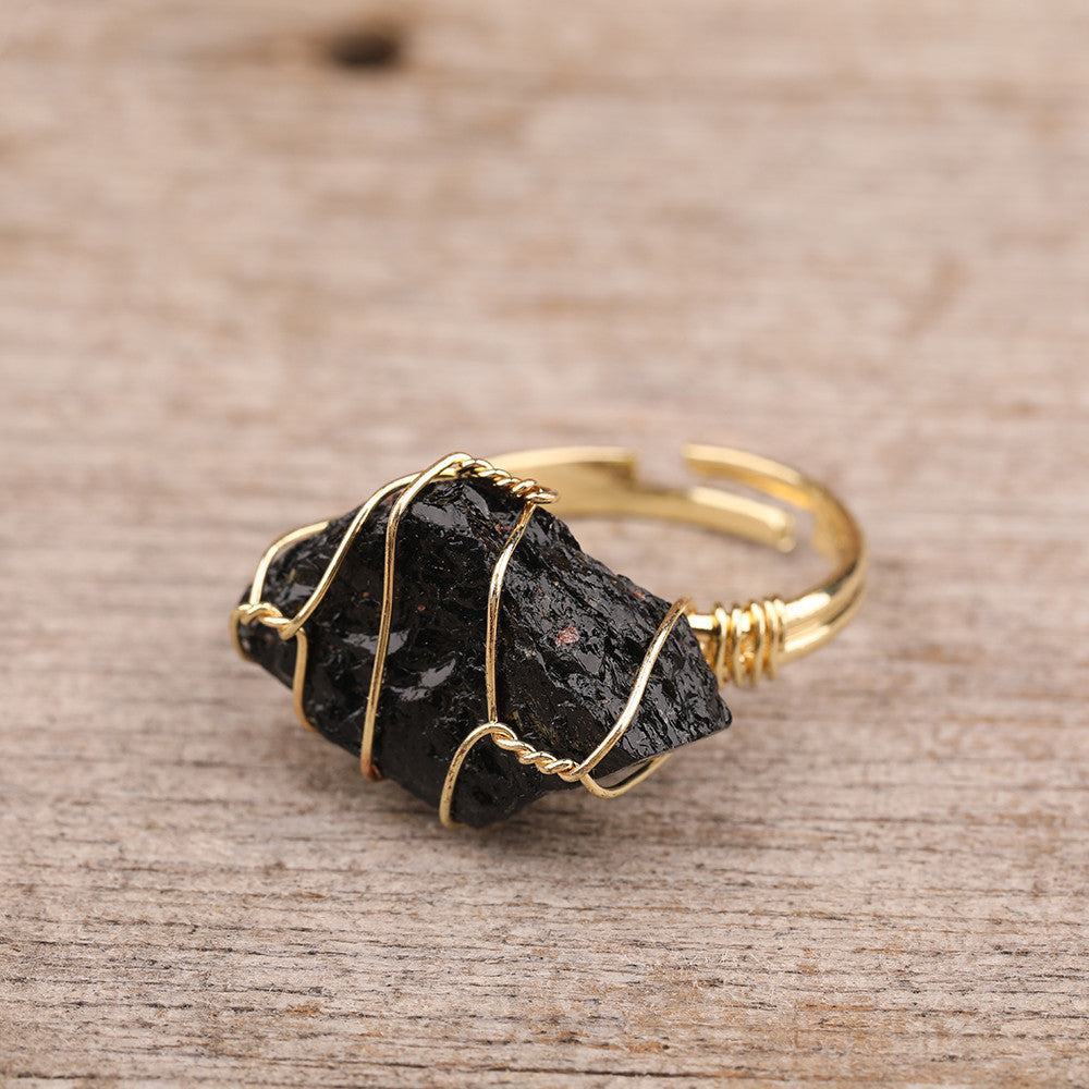 Natural Gemstone Gold Ring with raw black tourmaline stone wire-wrapped in gold