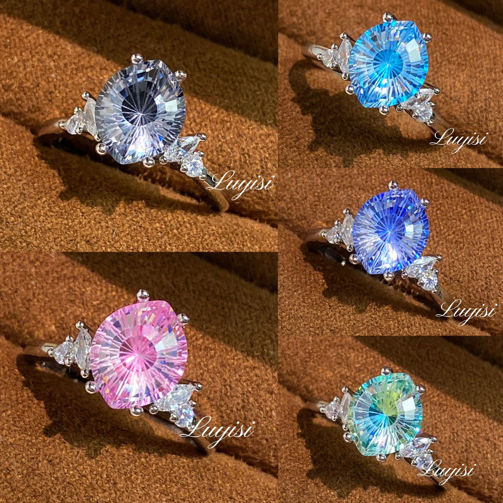 Firework-Cut Moissanite Ring color options - gray, blue, pink, and teal faceted stones