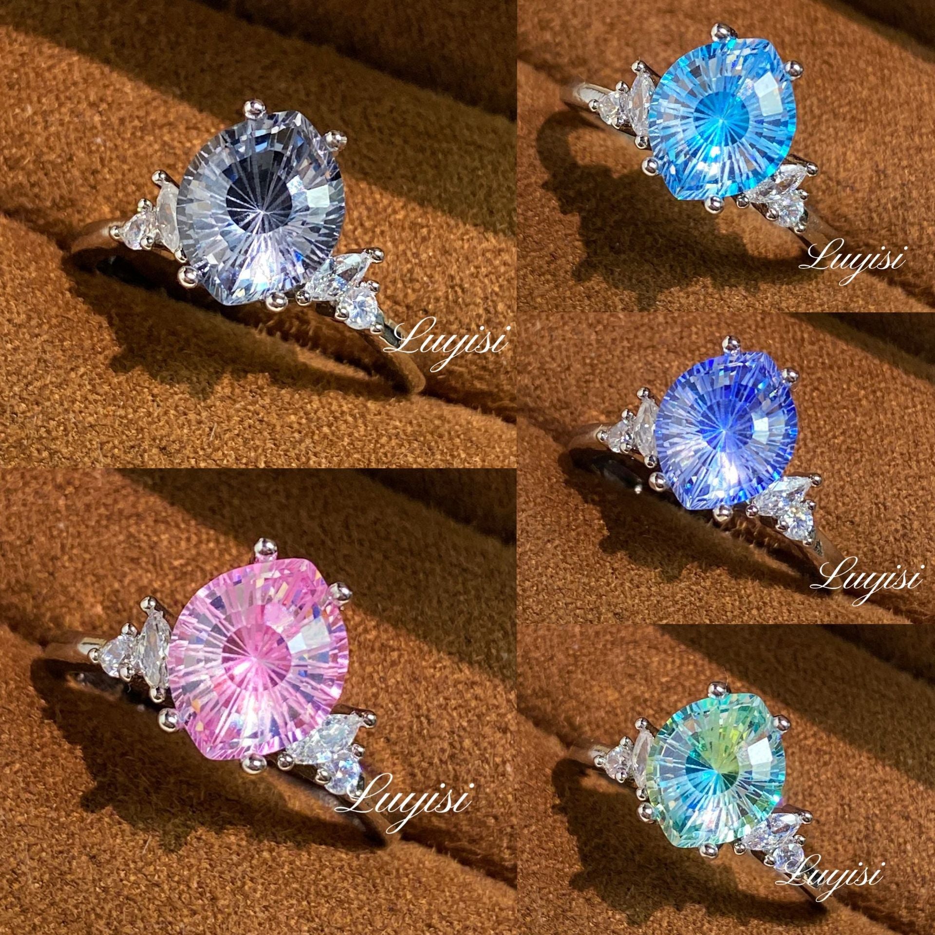 Firework-Cut Moissanite Ring color options - gray, blue, pink, and teal faceted stones
