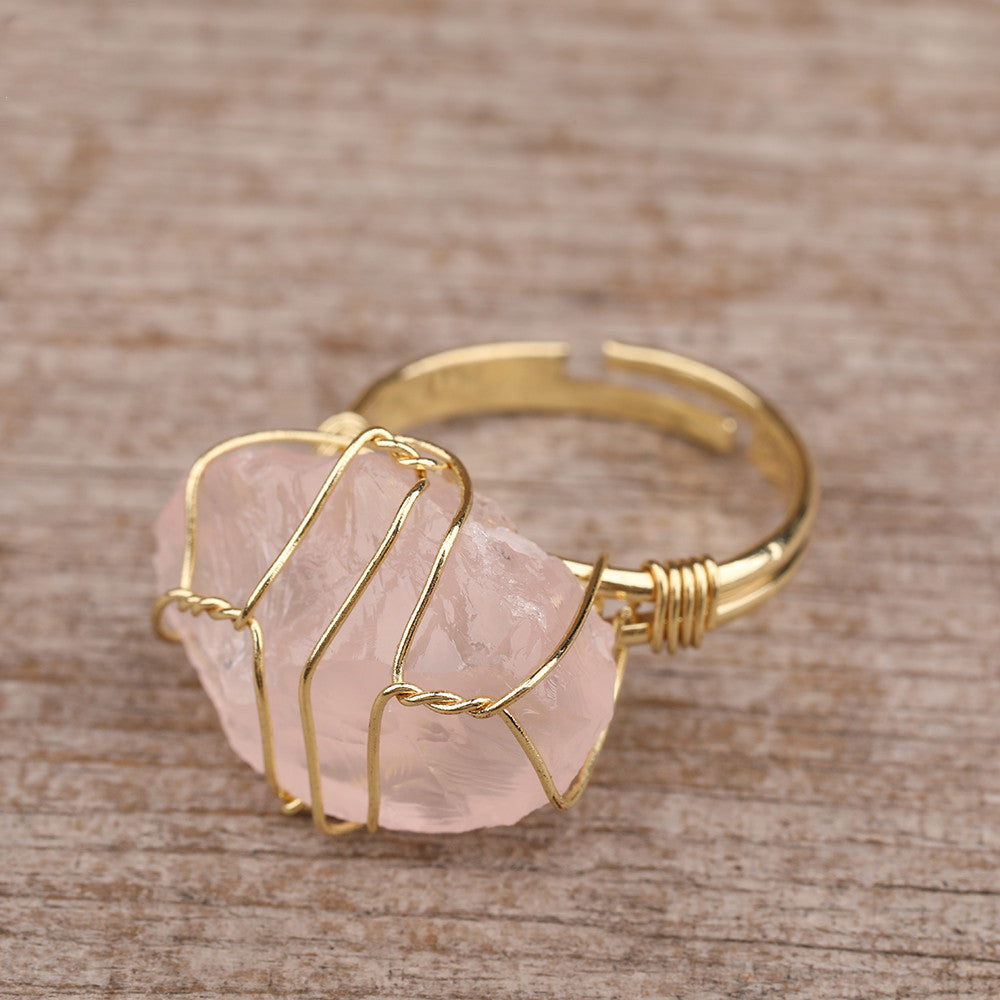 Natural Gemstone Gold Ring with raw pink rose quartz stone wire-wrapped in gold