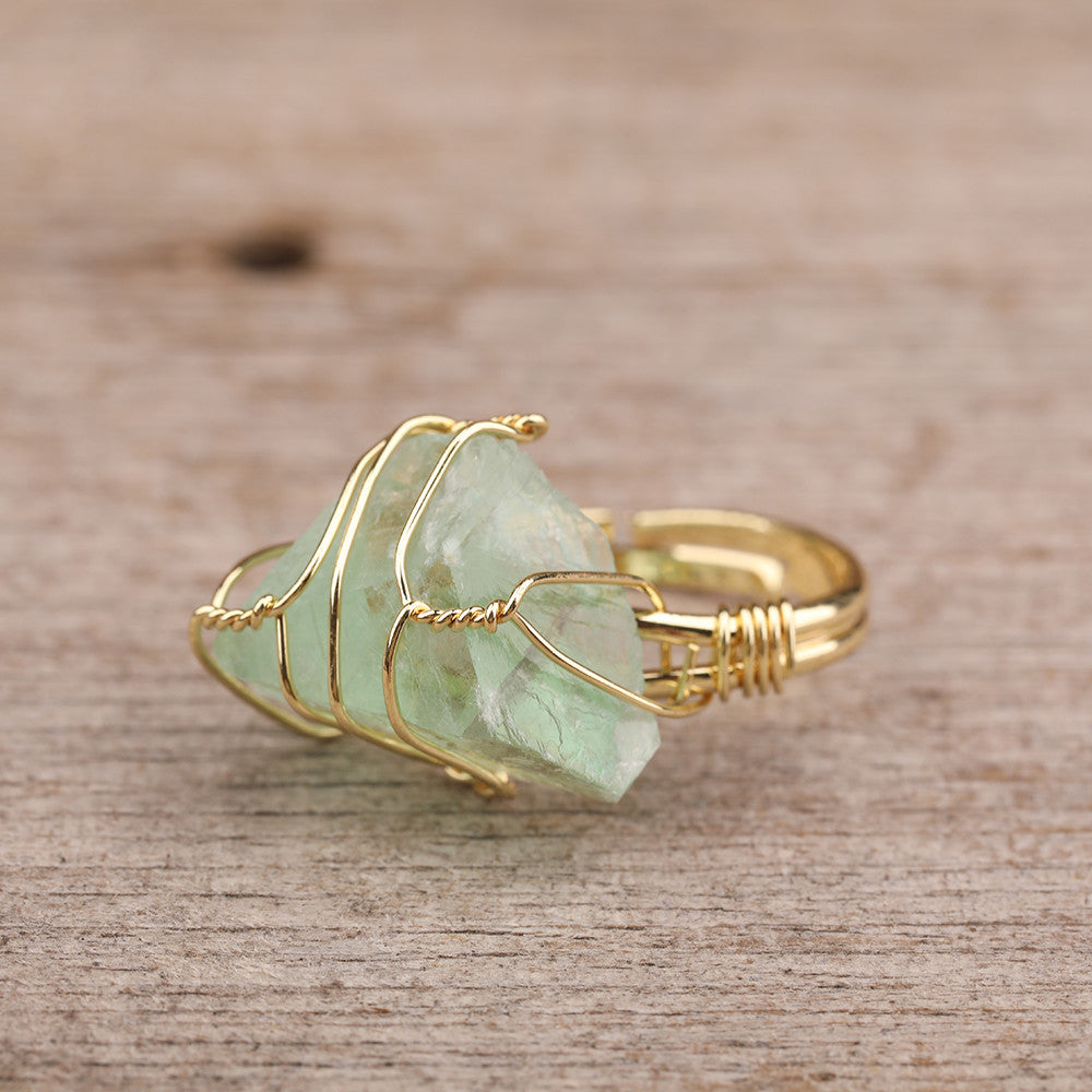 Natural Gemstone Gold Ring with raw pale green stone wire-wrapped in gold