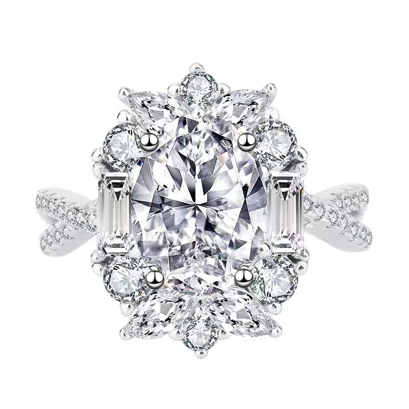 Oval Moissanite Cluster Ring product photo on white background, full cluster halo design detail