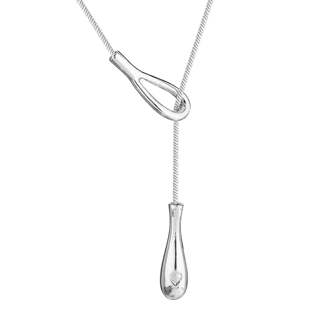 Silver-tone Lariat Snake Chain Necklace with teardrop pendant on white background