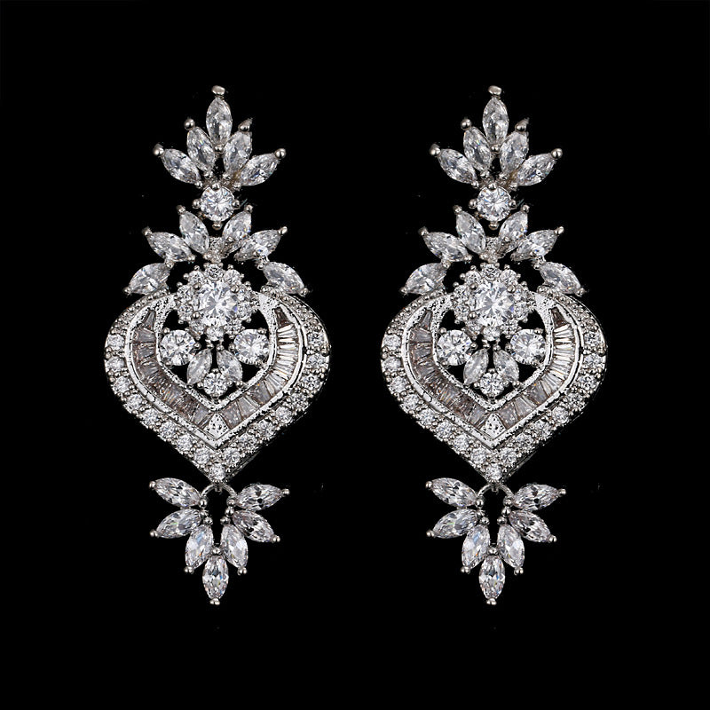 CZ Flower Drop Earrings pair on black background, marquise and pave cubic zirconia heart-flower design