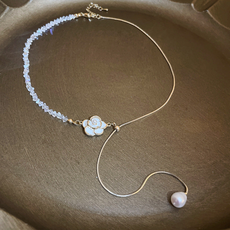 Camellia Pearl Pendant Necklace, crystal beaded chain with white camellia flower and dangling baroque pearl drop