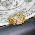 Retro Enamel Zircon Open Ring, gold floral design with large clear zircon stone