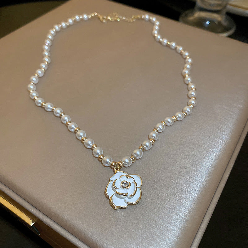 Camellia Pearl Pendant Necklace, pearl beaded chain with white camellia flower pendant