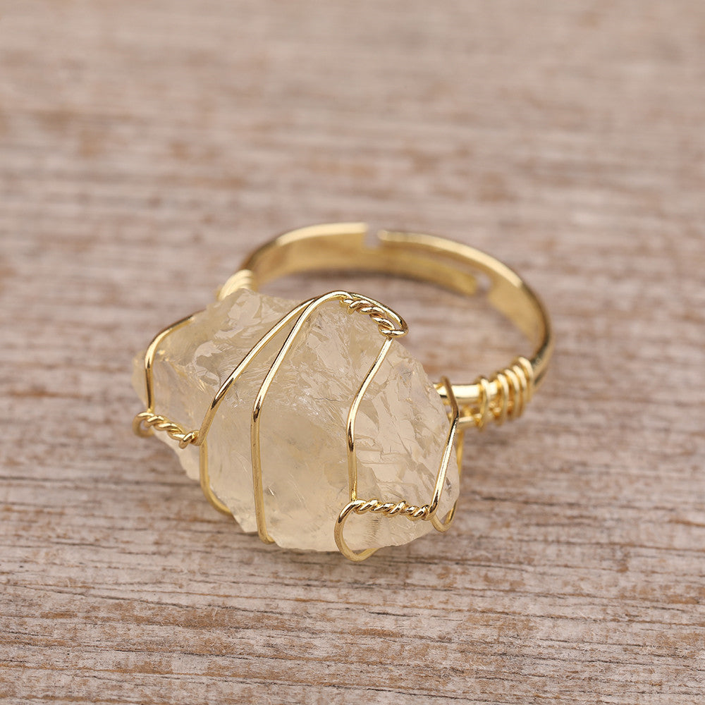 Natural Gemstone Gold Ring with raw champagne citrine stone wire-wrapped in gold