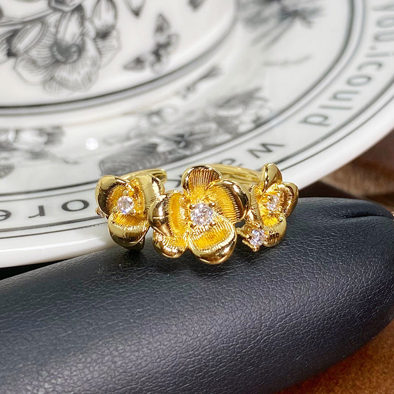 Retro Enamel Zircon Open Ring with textured gold flower cluster and zircon centers