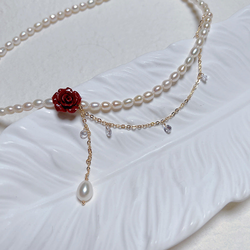 Camellia Pearl Pendant Necklace, pearl chain with red camellia flower and layered pearl drop details