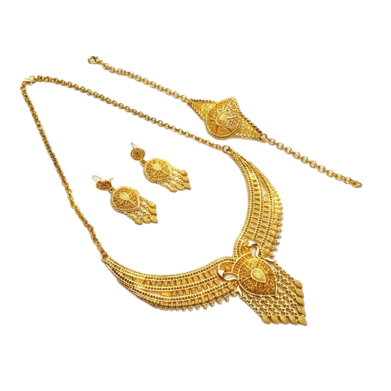 24K Gold Bridal Jewelry Set necklace, headpiece, earrings, and ring on white background