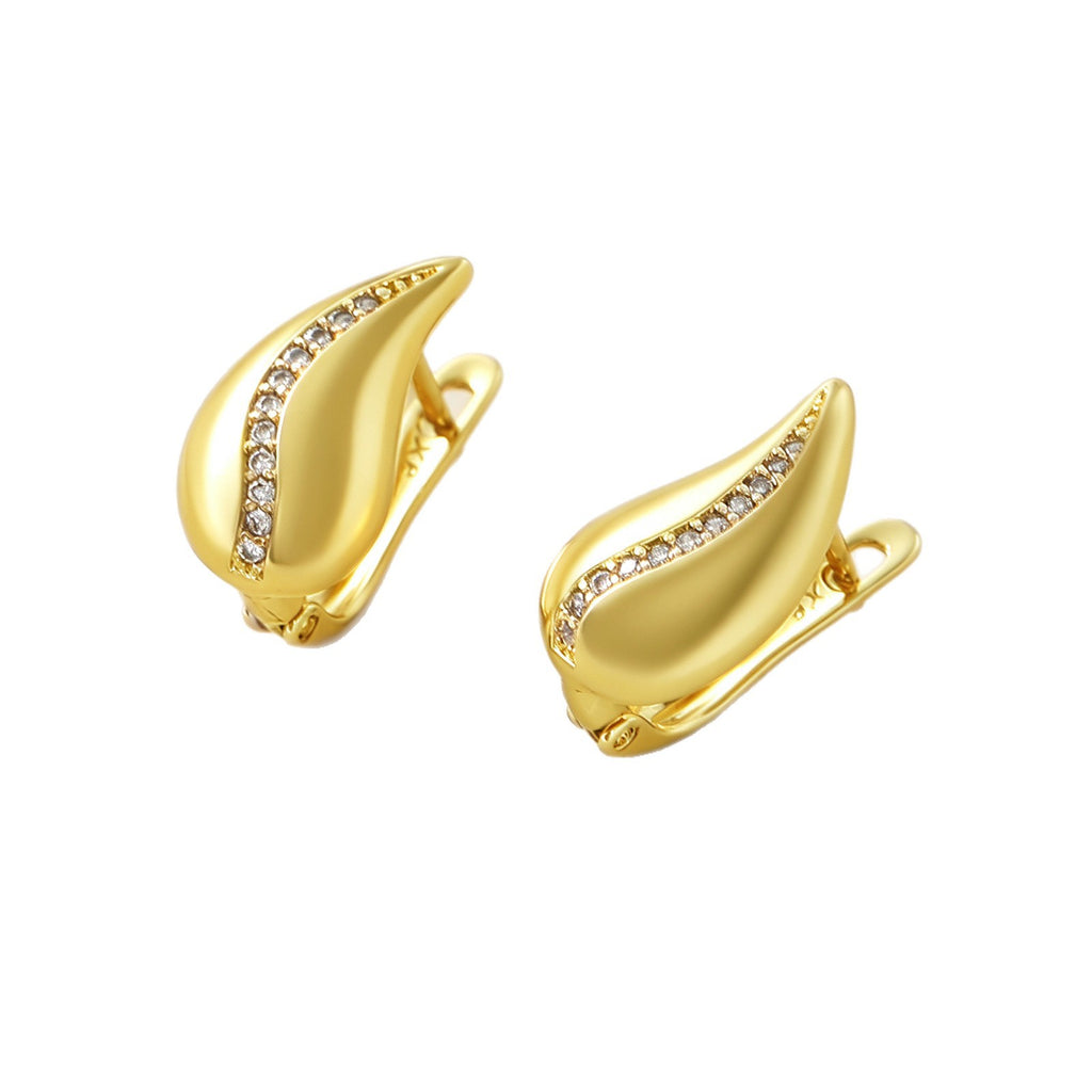 French Drop Earrings on white background, gold teardrop hoops with pave crystal accent, product shot
