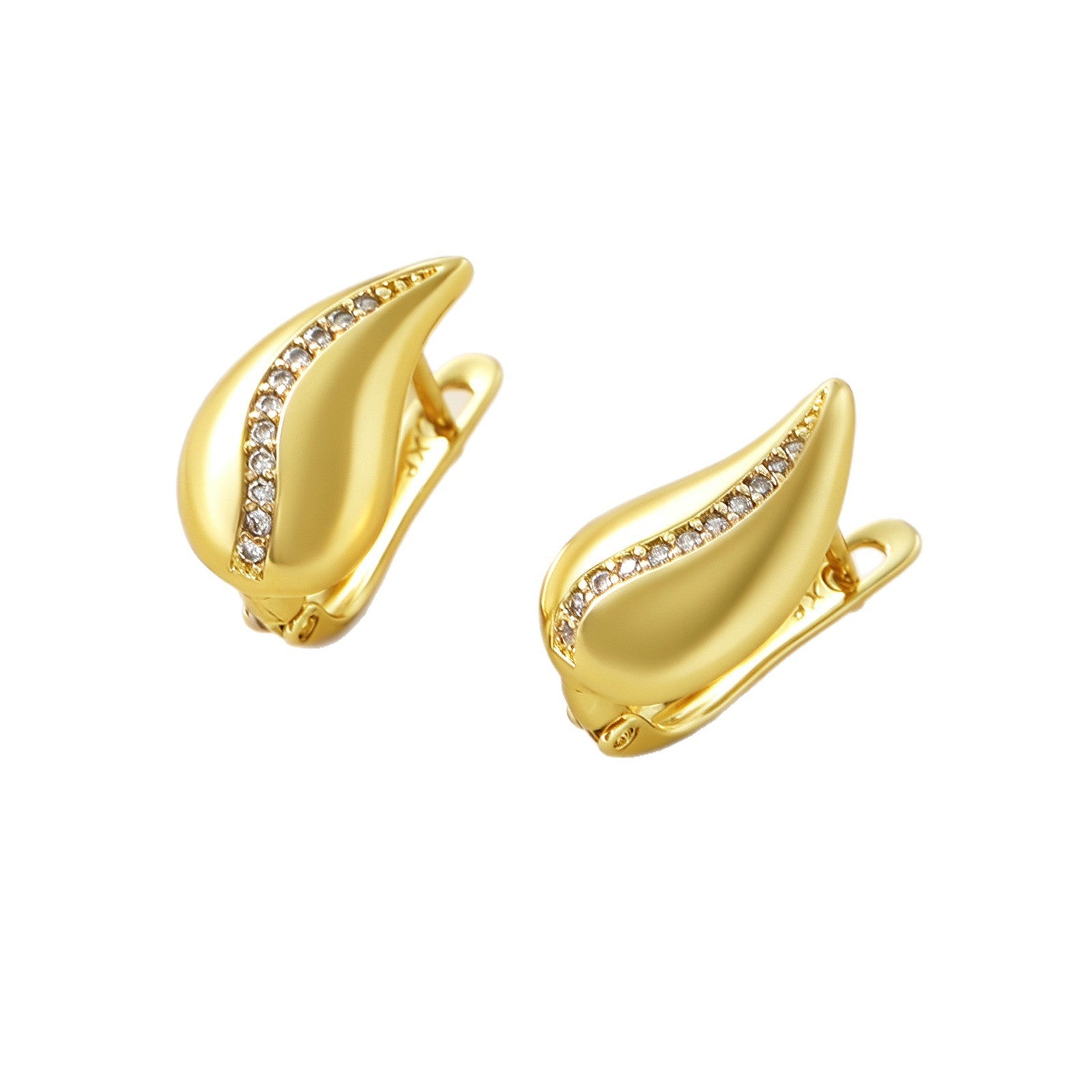 French Drop Earrings on white background, gold teardrop hoops with pave crystal accent, product shot