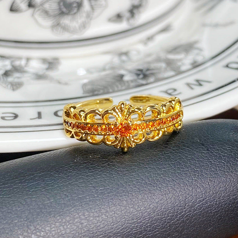 Retro Enamel Zircon Open Ring with gold filigree band and orange zircon stones