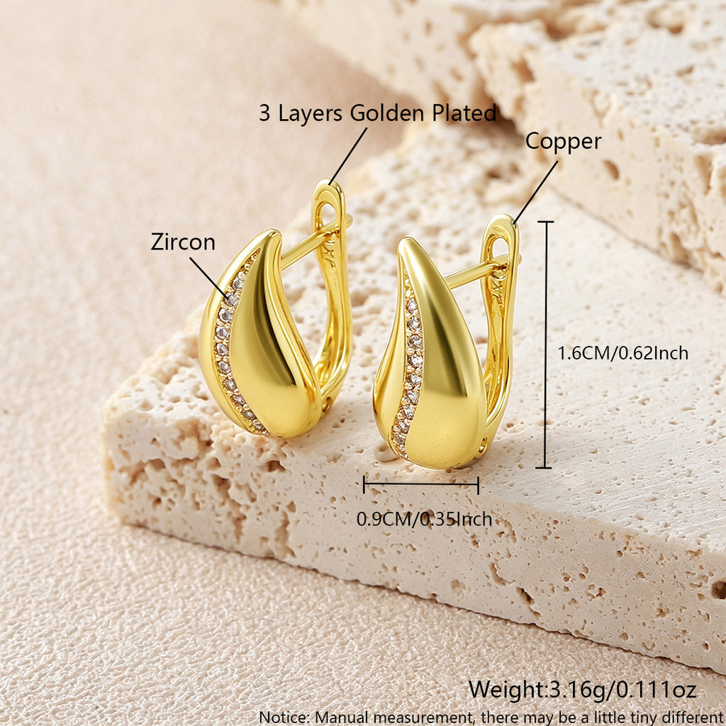 French Drop Earrings size and material infographic, 3-layer gold plated copper with zircon, 1.6cm x 0.9cm