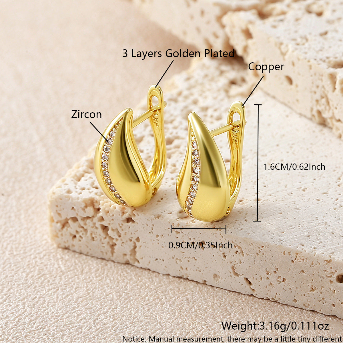 French Drop Earrings size and material infographic, 3-layer gold plated copper with zircon, 1.6cm x 0.9cm